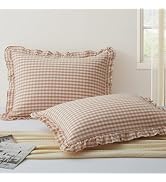 KKJIAF 2 Pcs Plaid Ruffle Pillow Case Standard Size, Washed Cotton Gingham Ruffled Euro Sham Pill...