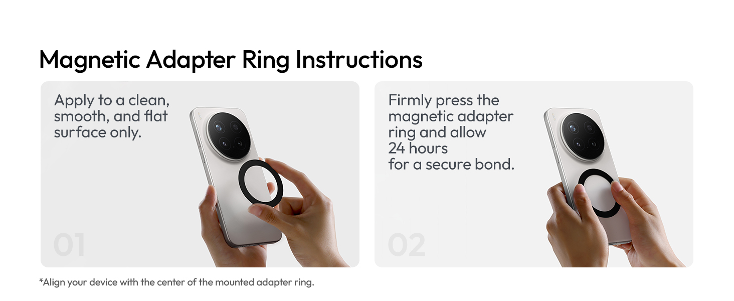 Text reads 'Magnetic Adapter Ring Instructions' with two instructional photos showing hands demonstrating how to apply magnetic adapter ring to product for secure hold.