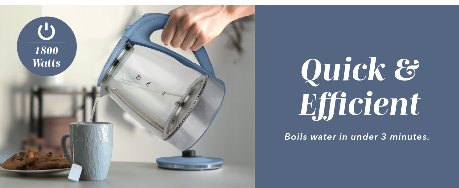 Fast-boiling electric glass kettle efficiently heats water in less than 3 minutes.