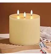 Eywamage 3 Wick Ivory Flameless Pillar Candle with Remote, Real Wax Giant LED Battery Candle Flic...
