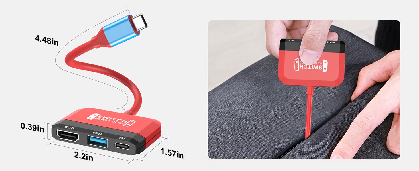 Red SATA to USB adapter cable with measurement annotations showing 4.48in, 0.79in, 2.2in, and 1.97in dimensions. Second image shows the adapter in use.