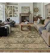 HUGEAR Retro Green Area Rug 8x10 Machine Washable Living Room Rugs Distressed Vintage Floral Low ...