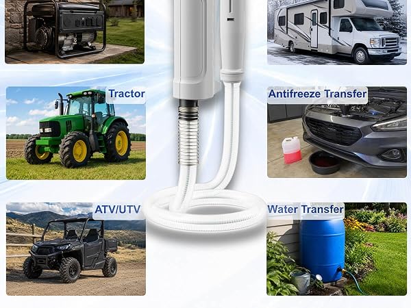 Portable fuel transfer pump used for vehicles, tractors, ATVs, generators and water transfer