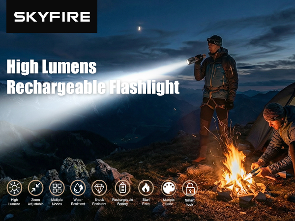 SKYFIRE Rechargeable Flashlight with Ignition Lens &amp;amp; White Yellow Blue Light