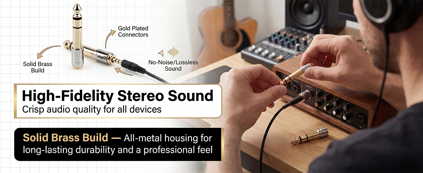 6.35mm to 3.5mm stereo adapter solid brass gold-plated for Hi-Fi sound.