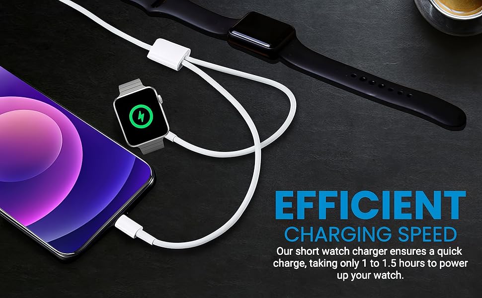 Our charger insures a quick charge taking only 1 to 1.5 hours to power up your watch