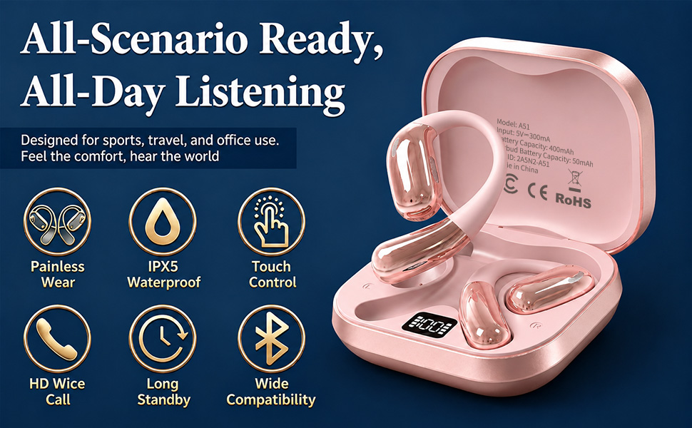 Open Ear Headphones, Wireless Headphones with Smart Digital Display &amp;amp; Mic