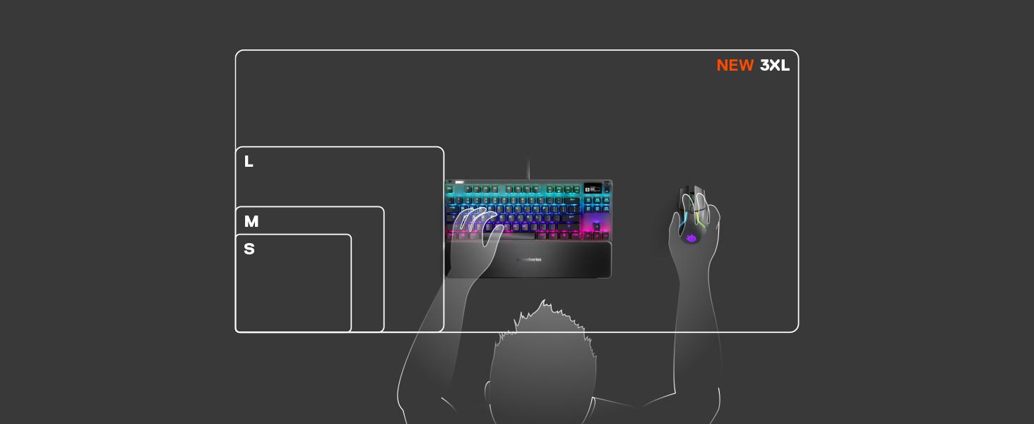 -Drawing comparing Small, Medium, Large, and 3XL SteelSeries QcK sizes