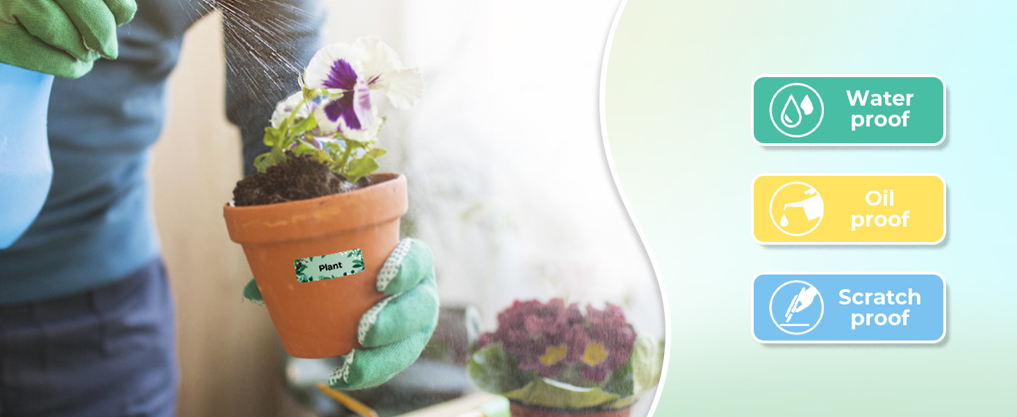 Terracotta pot with small plant being held. Three icon labels: 'Water proof', 'Oil proof', and 'Scratch proof', suggesting product features for an unseen item.