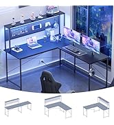 Pamray 60 Inch L Shaped Gaming Desk with LED Lights and Power Outlets Reversible Corner Computer ...