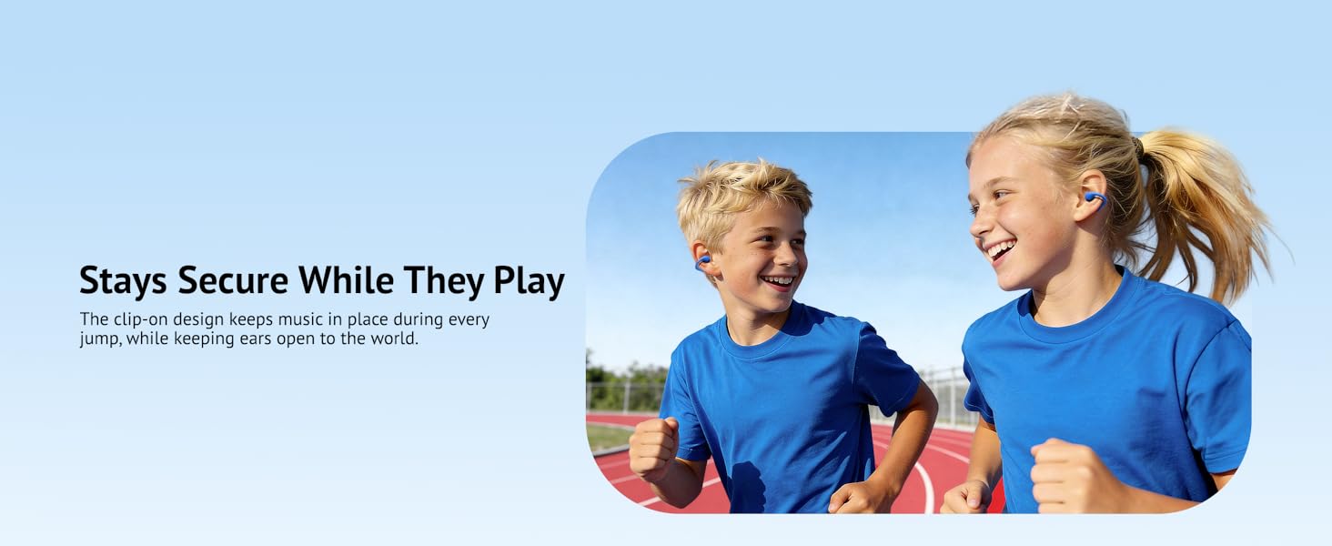 Students running on school track wearing secure fit open-ear clip headphones for sports.