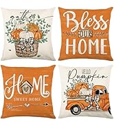 Ni-JASW Pumpkin Truck Fall Throw Pillow Covers 18x18 inch Set of 4, Orange Farmhouse Autumn Cushi...