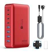 8-Port USB C Fast Charger Block 200W with Flat Plug, Braided Power Cord, and On/Off Switch- USB C...