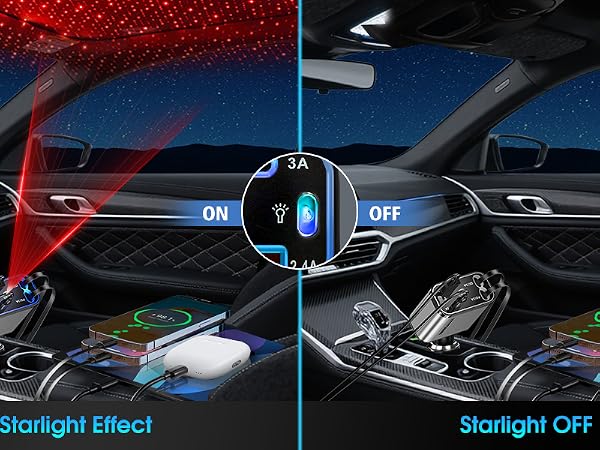 Retractable Car Charger with Starlight 120W Fast Charging Car Road Trip Accessory