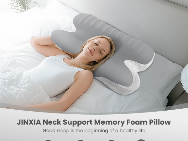 JINXIA Neck Support Memory Foam Pillow shown in use. Gray, butterfly-shaped pillow cradles a woman's head and neck as she sleeps on her back.