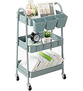 danpinera 3-Tier Rolling Cart, Metal Rolling Storage Cart with Lockable Wheels &amp; Hanging Cups &amp; H...