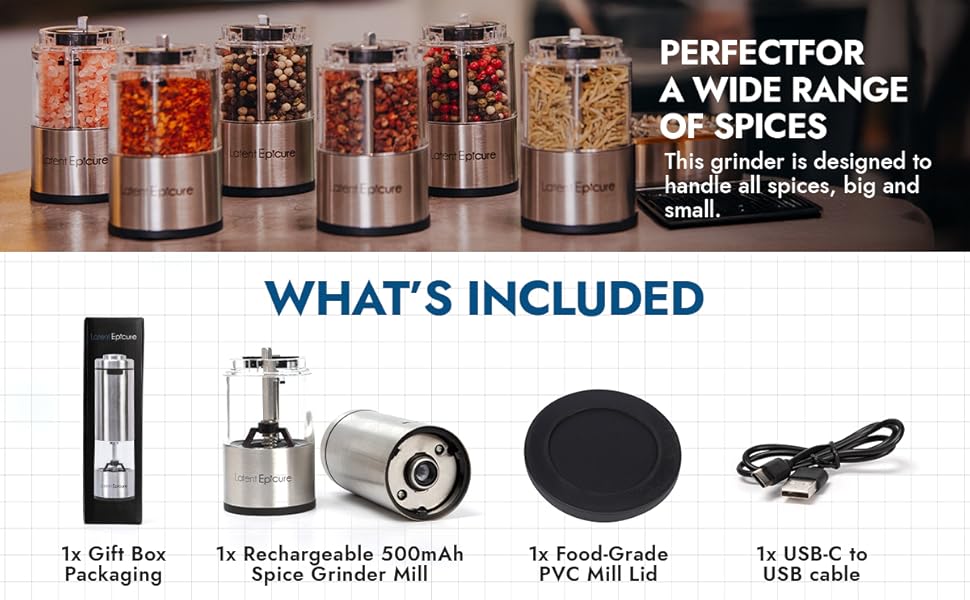 Latent Epicure USB-C gift set with grinders, spice jars, rests, USB cable, and wide spice variety