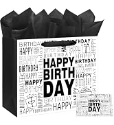 16.5" Extra Large Black and White Happy Birthday Gift Bag with Tissue Paper and Card for Men Wome...