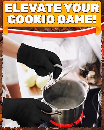 Two hands in black aramid knit heat resistant gloves lifting steel pot lid over steaming cookware