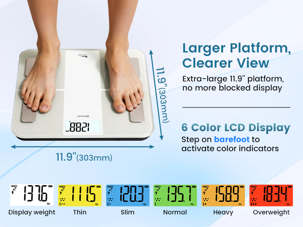 Larger 11.9&amp;#39;&amp;#39; platform, no more blocked display. 6 color LCD display, step on barefoot to unlock