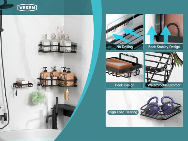 Veken corner shower caddy no drilling hook design high load bearing back stability design waterproof