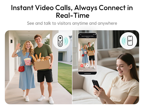 Multiple panel image showing people using a mobile video call interface in different settings - outdoors, living room, and doorway scenarios.
