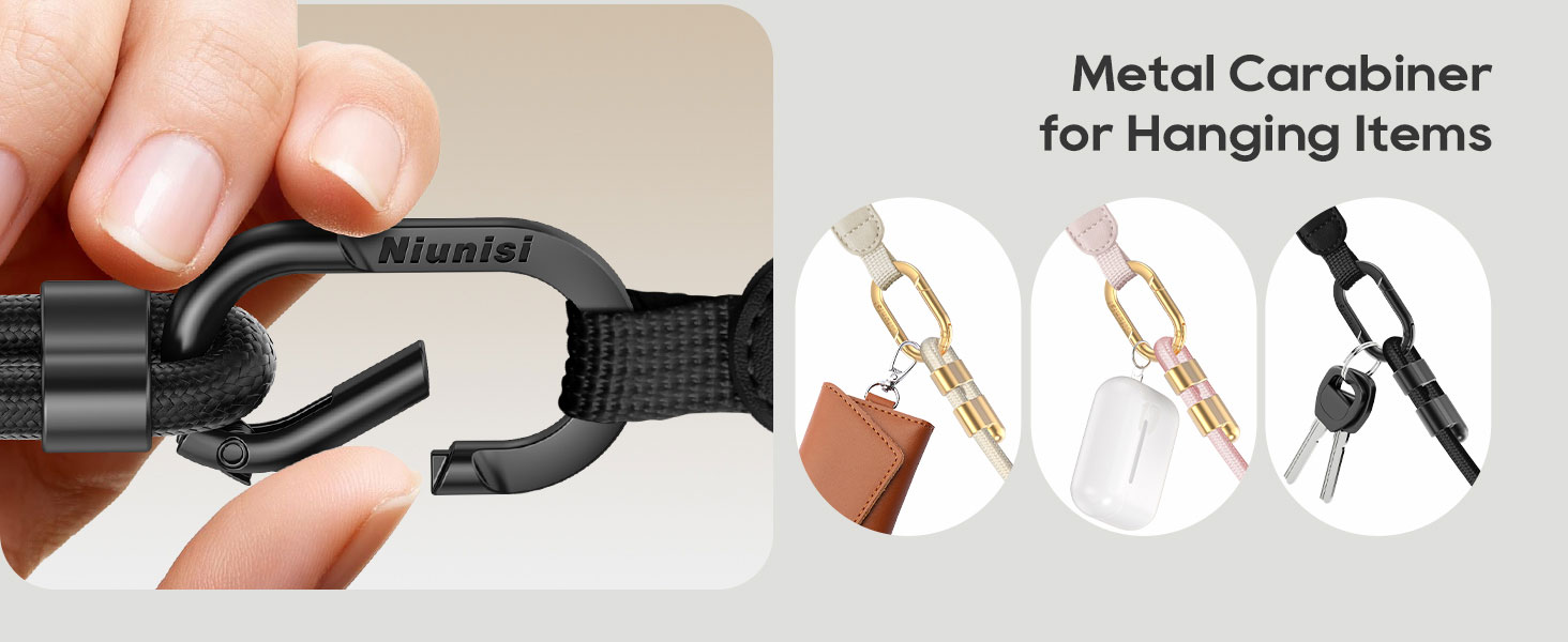 Text reads 'Metal Carabiner' and 'for Hanging Items'. Product demonstration showing close-up views of a metal carabiner clip being attached and used.