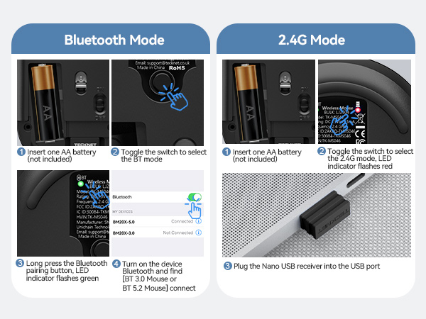 Technical interface showing 'Bluetooth Mode' and '2.4G Mode' options with various connectivity settings and status indicators displayed on dark screens.