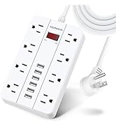 Power Strip Surge Protector with 6 USB,HUNIAN 5 Ft Extension Cord Flat Plug with 8 Widely Spaced ...
