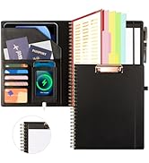 Black Leather Spiral Clipboard Folio with Storage for Men, Portfolio 5 Folders with 10 Pockets, F...