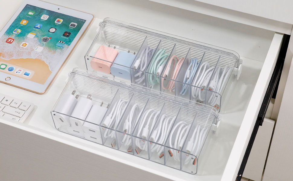clear phone charger storage box for desk drawer