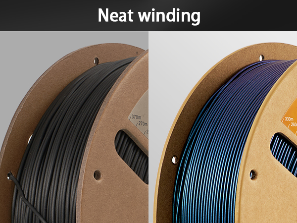 Two spools of 3D printer filament showing neat winding comparison - one black and one metallic blue filament on cardboard spools.