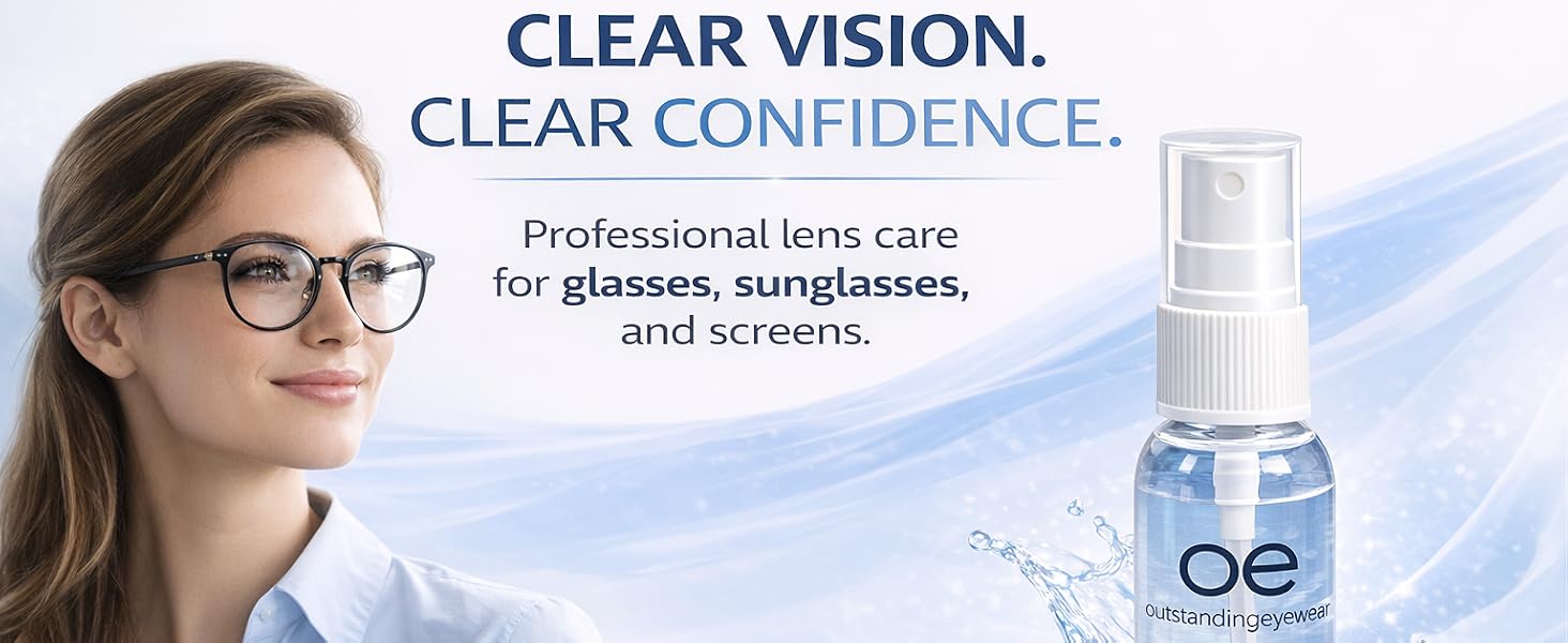 Outstanding Eyewear 2oz lens cleaner with eyeglasses and microfiber cloth for streak-free cleaning