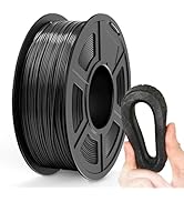Black 3D printer filament spool with flexible material sample. Spool contains wound filament, while hand demonstrates material flexibility by bending a printed object.