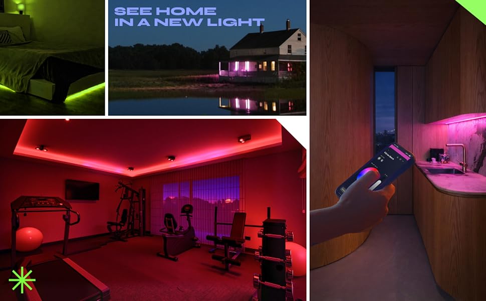 A variety of home scenes with LIFX lighting in different colors.