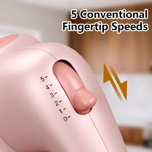 Text reads '8 conventional fingertip speeds'. Pink electronic device shown from multiple angles featuring curved design and control interface.