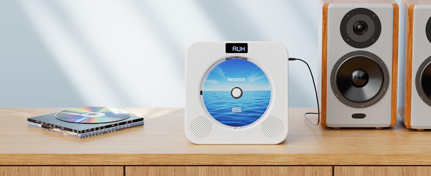 MEGATEK CP28BR Portable CD Player with Line Out Jack is Connected with a Powered Speaker System
