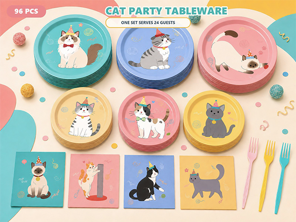 96PCS Cute Cat Party Plates and Napkins for Party Supplies
