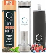 Pure Zen Tea Tumbler with Infuser - Double Wall Glass Travel Mug with Stainless Steel Filter - Le...