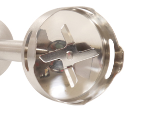 Closeup image of hand blender blade assembly with quad stainless steel blades