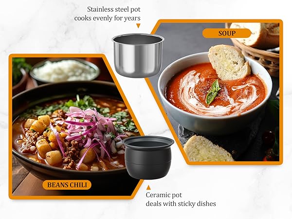 Ceramic pot conquers sticky disasters while stainless steel poy maintains perfect heat for decades