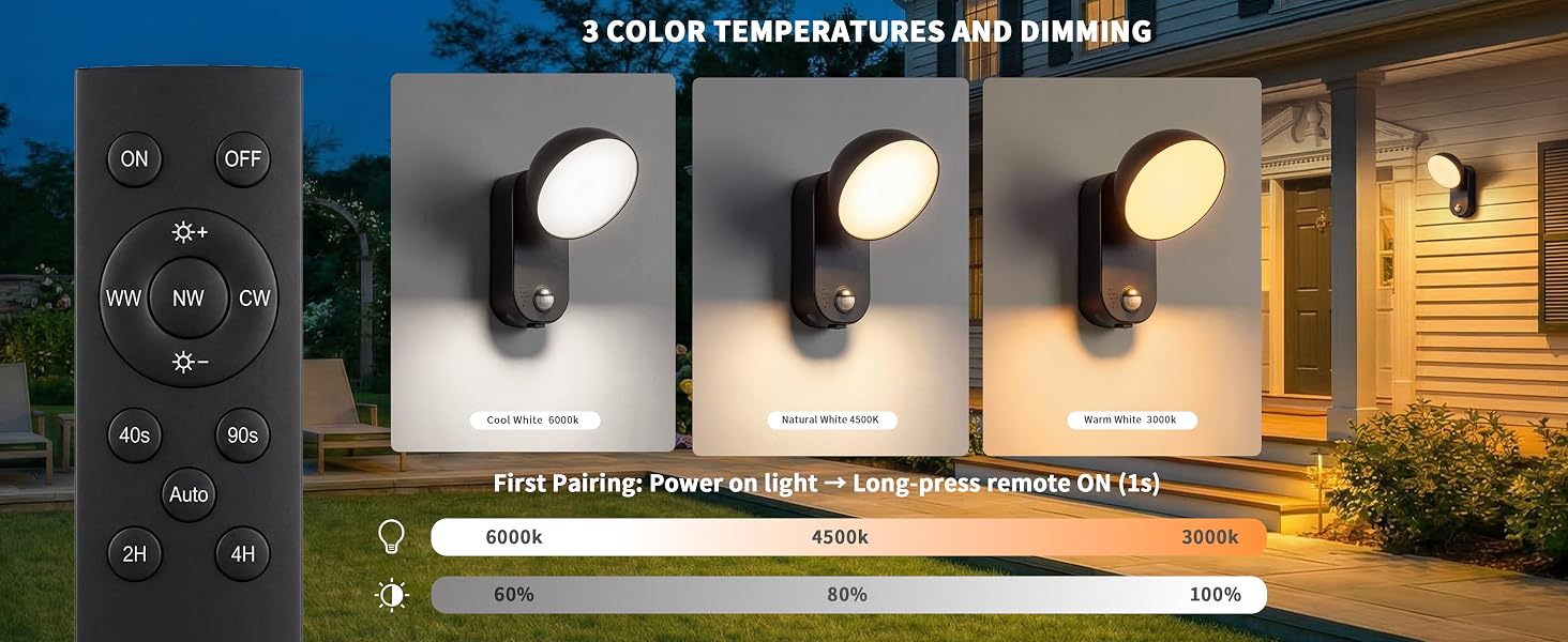 Text reads '3 COLOR TEMPERATURES AND DIMMING'. Outdoor security light installation shown with different lighting temperatures and control interface.