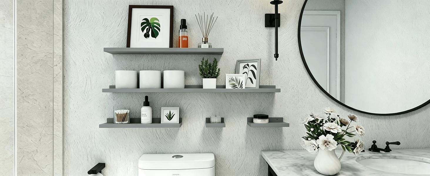 grey shelves in bathroom