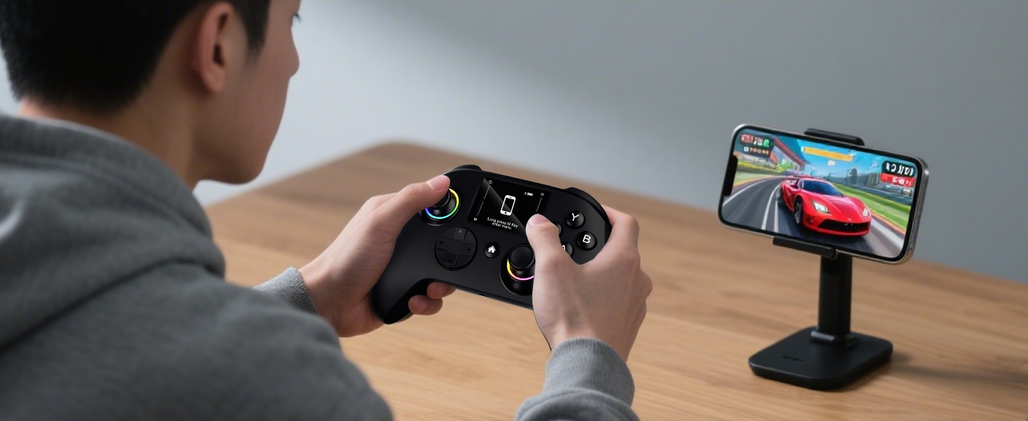 one person happy playing on mobile phone with remote controller