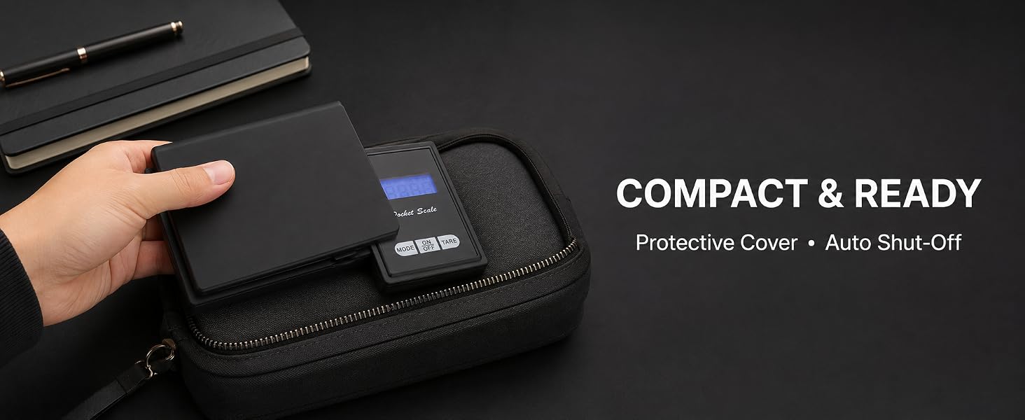 Compact digital scale with protective cover being placed into a travel pouch.