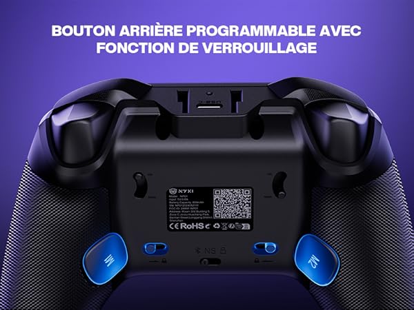 Back view of black game controller showing programmable rear buttons with lock function, highlighted by blue accent lights against purple background.