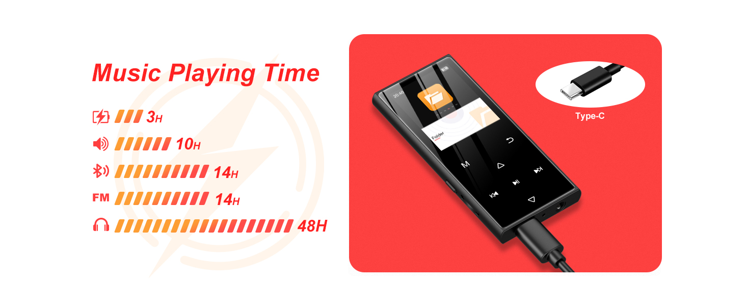 Portable music player with black touchscreen display, connected to charging cable. Graph shows battery life for various functions, with longest playback time of 48 hours.
