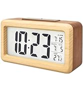 Everwood Battery Operated Wooden LCD Digital Alarm Clock with Smart Sensor Night Light, Snooze fo...