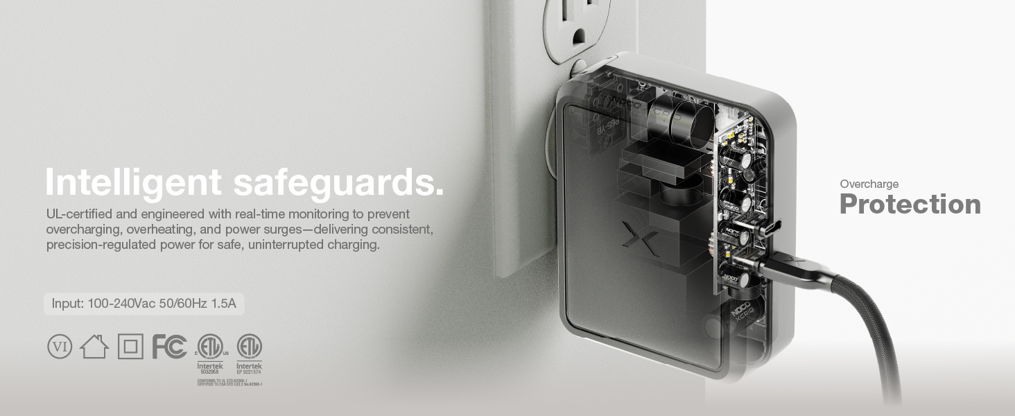 Equipped with intelligent safeguards to prevent overcharging, overheating, power surges - UL listed