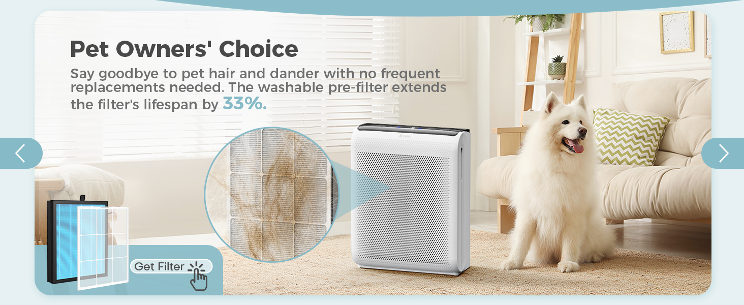 air purifier for home large room with washable filter, design for pet family